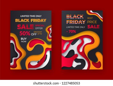 Black friday special discount, percent offer vector. Limited time, reduction half of price, autumn sellout shops. Clearance deal, seasonal bargain. Banners