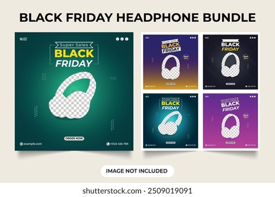 Black Friday special headphone bundle promotional web banner design with abstract shapes. Headphone business advertisement poster design set. Headphone brand promotion template design