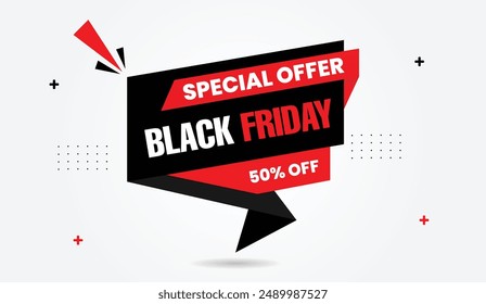 Black Friday special offer 50% off banner template design featuring white background and striking black and red shapes, ideal for promotional campaigns.