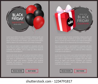Black Friday special offer up to 70 percent off round labels. Sale, bunch of helium air balloons and gift box, wrapped in dotted paper, discounts vector.