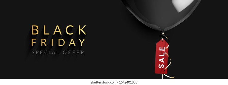 Black friday special offer banner, Sale tag hang with balloon on black background. Vector illustration