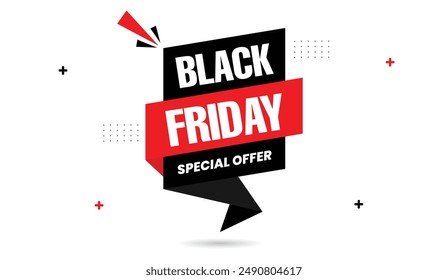 Black Friday special offer banner template design with white background and black and red shapes, perfect for attracting customers with bold, eye catching visuals