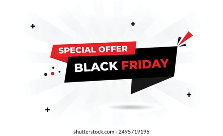 Black Friday special offer banner template with a white background, shining red and black vector art shapes for high impact sales promotions sale, discount, offer, banner, business, friday, black