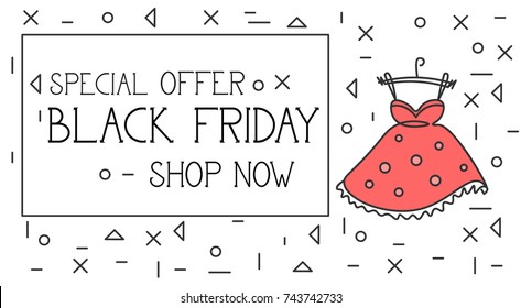 Black Friday Special Offer Banner Shop Now Text Over Red Dress And Fashion Clothes In Thin LIne Background Vector Illustration