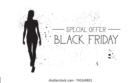 Black Friday Special Offer Banner With Grunge Rubber Fashion Model Female Silhouette On White Background Vector Illustration