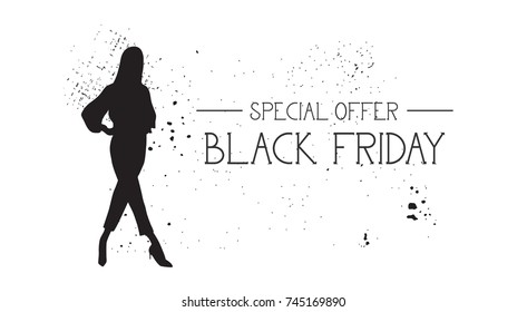 Black Friday Special Offer Banner With Grunge Rubber Fashion Model Female Silhouette On White Background Vector Illustration