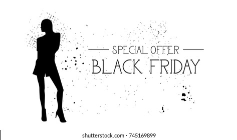Black Friday Special Offer Banner With Grunge Rubber Fashion Model Female Silhouette On White Background Vector Illustration