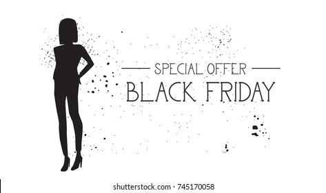 Black Friday Special Offer Banner With Grunge Rubber Fashion Model Female Silhouette On White Background Vector Illustration