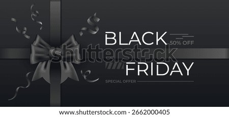 Black Friday special offer banner with black ribbon. Discount flyer template for holiday promotions, sales, and shopping ads. Editable vector poster for hot deals.