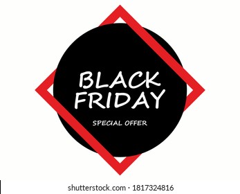 Black Friday Sonderangebot. Schwarzer Kreis mit Text in einem roten Rahmen auf weißem Hintergrund. Preisnachlass für Rundaufkleber. Design für Werbeartikel, Banner, Flyer und Geschenkkarten. Vektorgrafik