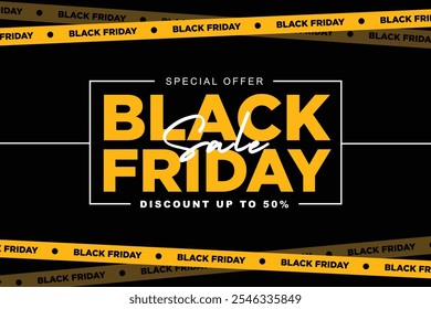 Black Friday Special offer with crossed discount yellow ribbons. Social media post template