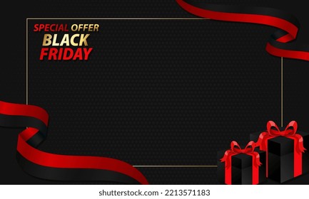 Black Friday special offer. gold frame with red, black ribbon and gift box, sale social media web banner, product promotion. etc.