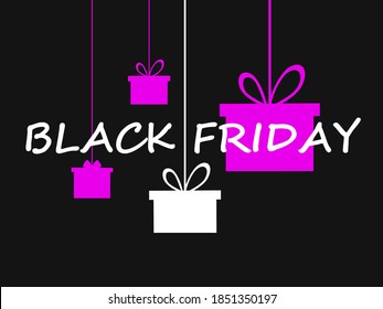 Black Friday special offer. Hanging gift boxes with bows on black background. Design for promotional items, banners, flyers and gift cards. Vector illustration
