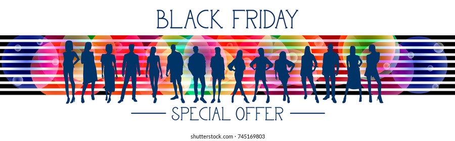 Cartel Horizontal De La Oferta Especial Del Viernes Negro Con Silhouettes De Grupo De Personas En La Ilustración Del Vector De Fondo Colorido