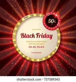 Black friday special offer on gold badge on dark red background, Vector Illustration.