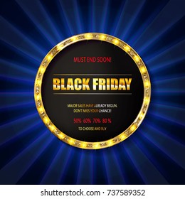 Black friday special offer on gold badge on dark blue background, Vector Illustration.