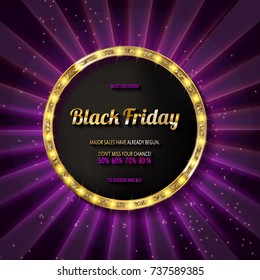 Black friday special offer on gold badge on dark background, Vector Illustration.