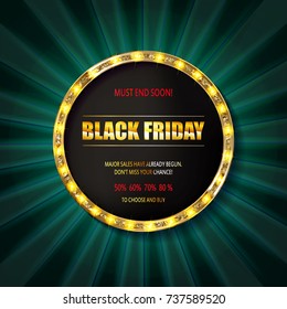 Black friday special offer on gold badge on dark background, Vector Illustration.