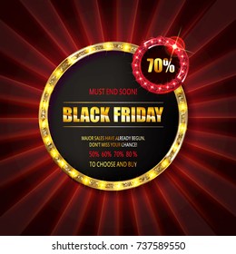 Black friday special offer on gold badge on dark red background, Vector Illustration.