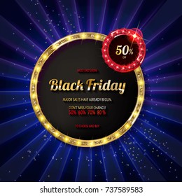 Black friday special offer on gold badge on dark blue background, Vector Illustration.
