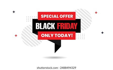 Black Friday special offer only today banner template design with white background and black and red shapes, perfect for promoting limited-time deals and sales events