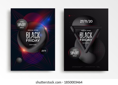 Black friday special offer poster with Creative 3d flow shape on black background. Sale cover for social media app. Vector gradient trendy illustration for product promotion
