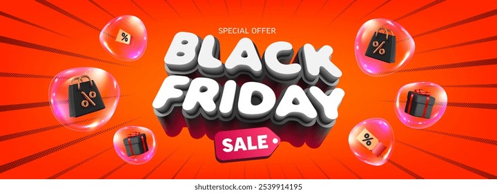 Black Friday Special Offer Promotional Banner with 3D Discount Symbols, Shopping Bags, and Gift Boxes on a Bright Red Background with Bubble Effects for Seasonal Marketing Campaigns and Holiday Sales