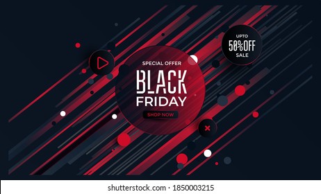 Black Friday Special Offer With Black And Red Color Accent. Sale Banner For Social Media App Or Sport Website. Motion Line Background. Vector Illustration