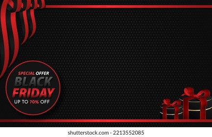 Black Friday special offer. red frame with hisan ribbon, and gift box, sale social media web banner, product promotion. etc.