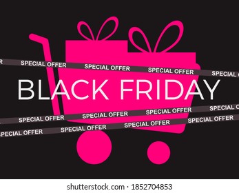 Black Friday special offer. Shopping cart and sale tape ribbon. Design for promotional items, banner, flyers and gift cards. Vector illustration