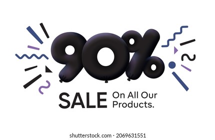 Black Friday Special sale banner 90% discount in form of 3d balloons Black Vector design seasonal shopping promo advertisement illustration 3d numbers for tag offer label Enjoy Discounts Up to 90% off