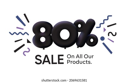 Black Friday Special sale banner 80% discount in form of 3d balloons Black Vector design seasonal shopping promo advertisement illustration 3d numbers for tag offer label Enjoy Discounts Up to 80% off