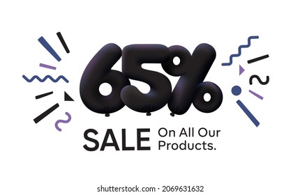 Black Friday Special sale banner 65% discount in form of 3d balloons Black Vector design seasonal shopping promo advertisement illustration 3d numbers for tag offer label Enjoy Discounts Up to 65% off