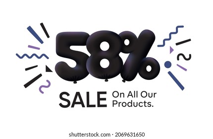 Black Friday Special sale banner 58% discount in form of 3d balloons Black Vector design seasonal shopping promo advertisement illustration 3d numbers for tag offer label Enjoy Discounts Up to 58% off