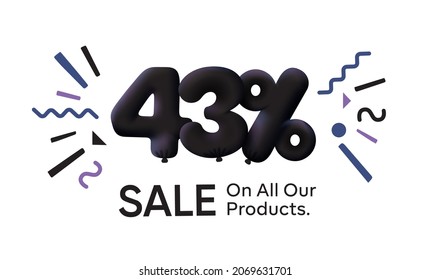 Black Friday Special sale banner 43% discount in form of 3d balloons Black Vector design seasonal shopping promo advertisement illustration 3d numbers for tag offer label Enjoy Discounts Up to 43% off