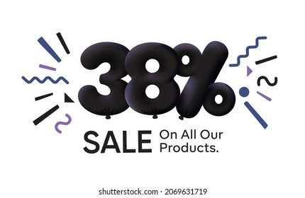Black Friday Special sale banner 38% discount in form of 3d balloons Black Vector design seasonal shopping promo advertisement illustration 3d numbers for tag offer label Enjoy Discounts Up to 38% off