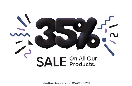 Banner de la venta especial de Black Friday 35% de descuento en forma de globos 3d Diseño de Black Vector de compras estacional ilustración de publicidad 3d números para la etiqueta de oferta de etiquetas Disfrutar descuentos Hasta un 35% de descuento