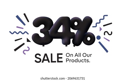 Black Friday Special sale banner 34% discount in form of 3d balloons Black Vector design seasonal shopping promo advertisement illustration 3d numbers for tag offer label Enjoy Discounts Up to 34% off