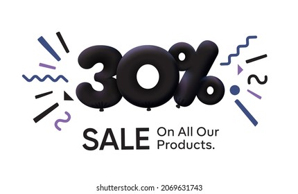 Black Friday Special sale banner 30% discount in form of 3d balloons Black Vector design seasonal shopping promo advertisement illustration 3d numbers for tag offer label Enjoy Discounts Up to 30% off