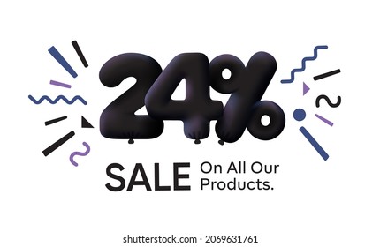 Black Friday Special sale banner 24% discount in form of 3d balloons Black Vector design seasonal shopping promo advertisement illustration 3d numbers for tag offer label Enjoy Discounts Up to 24% off