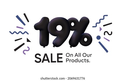 Black Friday Special sale banner 19% discount in form of 3d balloons Black Vector design seasonal shopping promo advertisement illustration 3d numbers for tag offer label Enjoy Discounts Up to 19% off