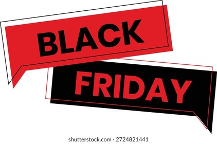 Etiquetas de Anuncio de discurso de Black Friday en rojo y negro. Elementos promocionales audaces para diseños de marketing minorista. Perfecto para anuncios de venta, imágenes de comercio electrónico y carteles.