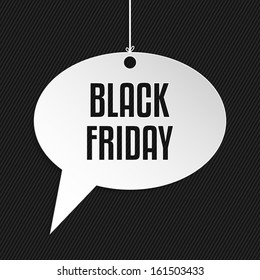 Black friday speech bubble hanging by rope on striped background