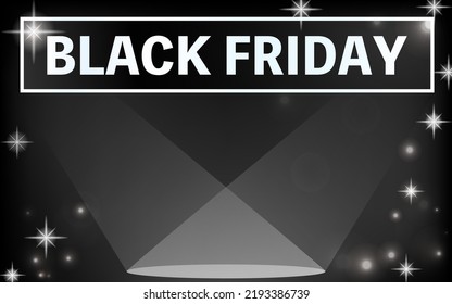 Black Friday, spotlight and twinkling star on black background, from side