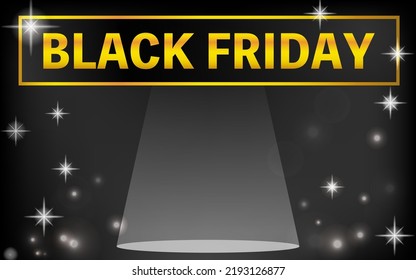 Black Friday, spotlights and twinkling stars on black background, from above.