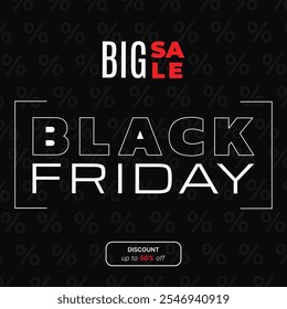 Anuncio cuadrado de Black Friday sobre fondo negro. Gran Venta, Descuento. Ilustración vectorial en estilo plano para publicación en redes sociales.