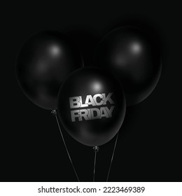 Schwarze Freitagskarte. Schwarze Ballons mit silberner Schrift. Vektorgrafik 3D.