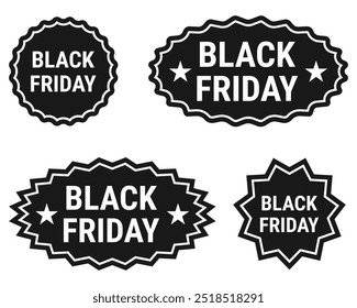 Black Friday starburst stickers. Set of black and white flat labels with text. Promo icons with star edges isolated on white background