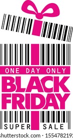 Black friday sticker with real barcode. Sale label concept. Illustration, Vector