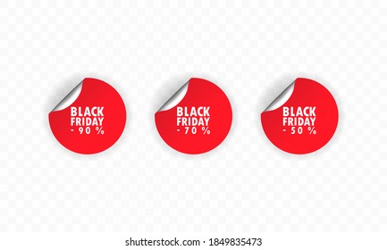 Black friday. Sticker set. Discount red vector special offer labels set. Discount tag promotion template. Coupon offer. Sale tags badges template, 90 off, 50, 70 percent off label symbols.